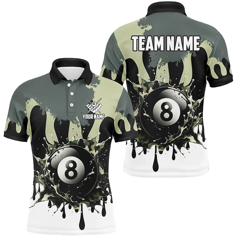 Personalized 8 Ball Pool Green Camo Ink Billiard Shirts For Men, Gifts For Team Billiard Lovers