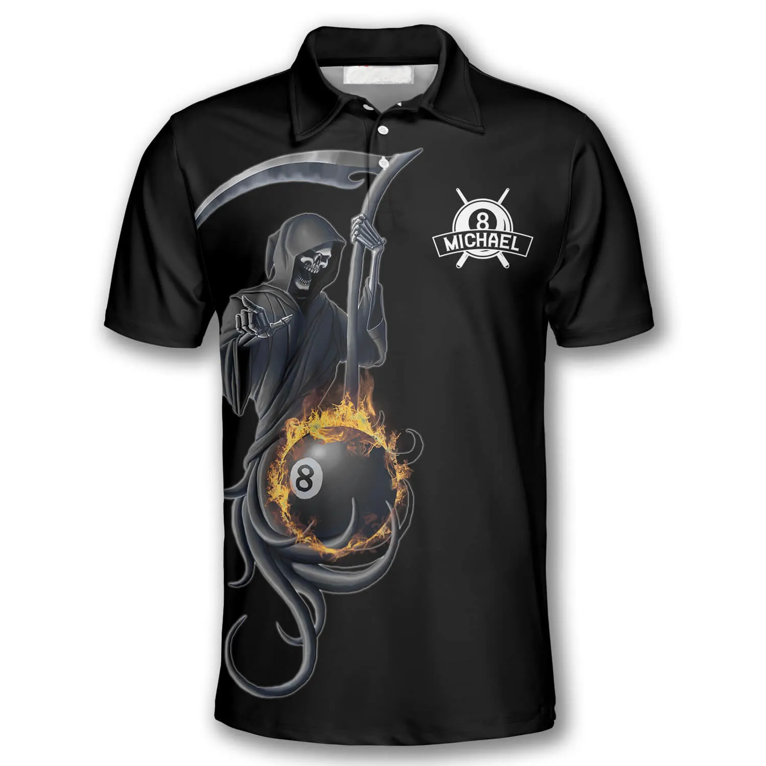 Personalized Grim Reaper Custom Billiard Polo Shirts for Men, Skull Shirt, Billiard Shirt