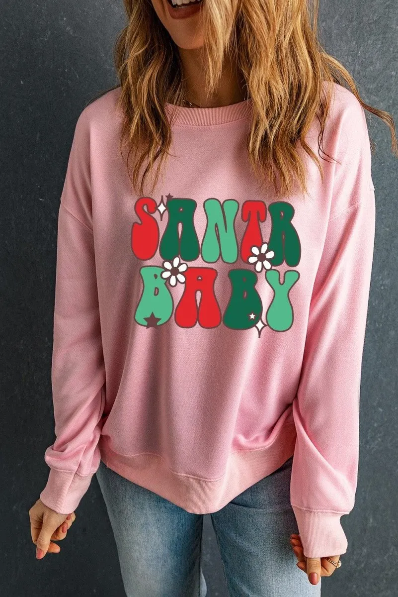 Pink "SANTA BABY" Sweet Daisy Graphic Sweatshirt