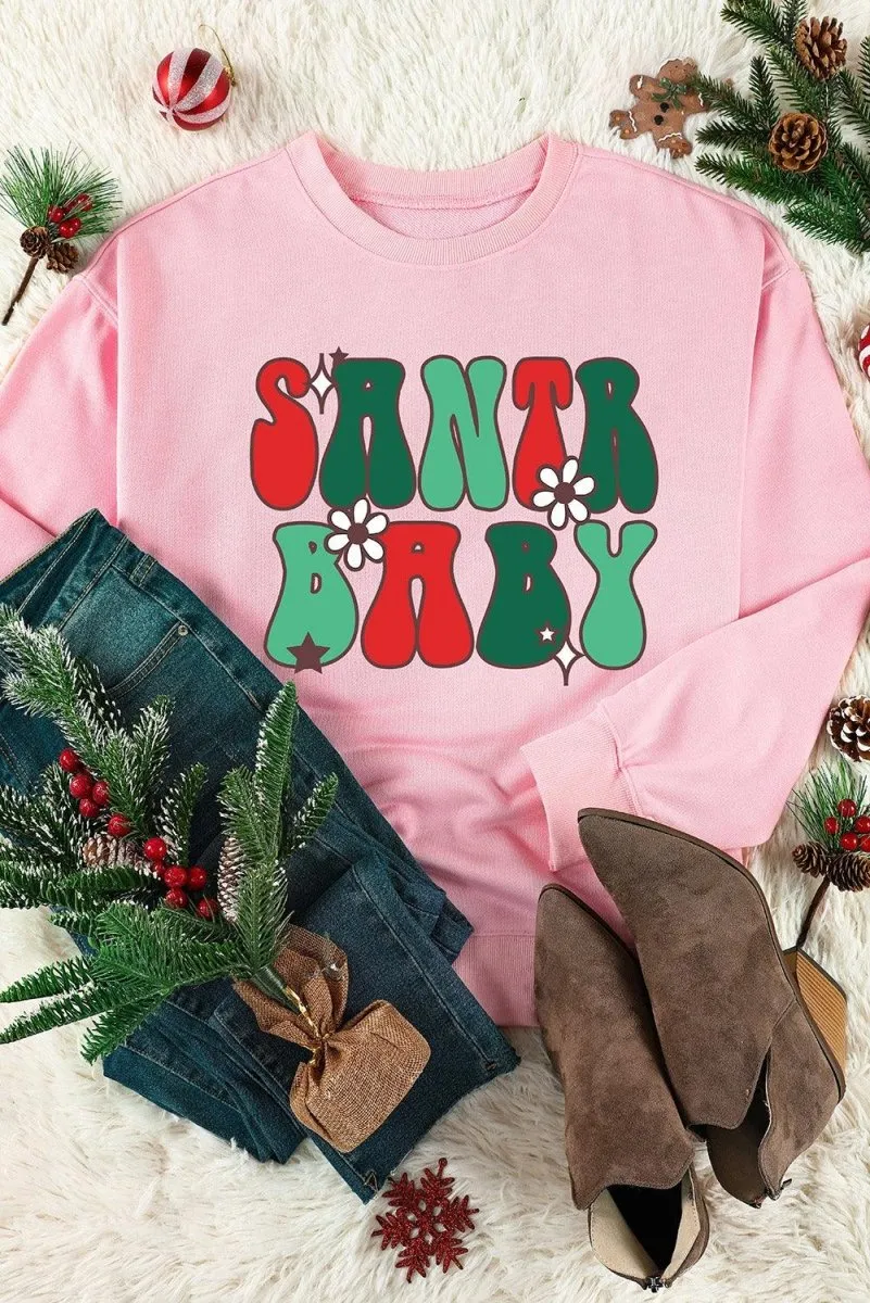 Pink "SANTA BABY" Sweet Daisy Graphic Sweatshirt