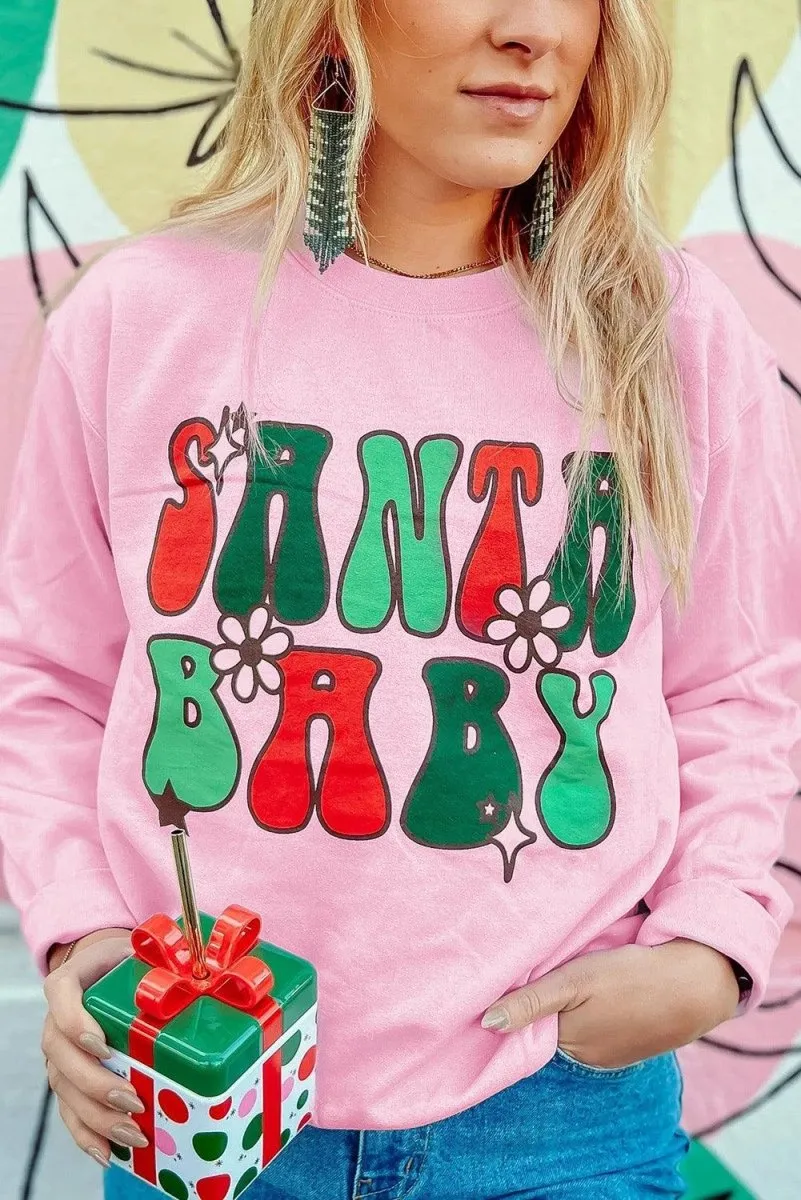 Pink "SANTA BABY" Sweet Daisy Graphic Sweatshirt