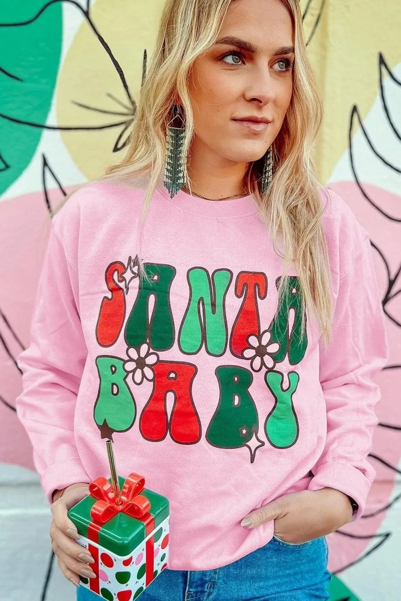 Pink "SANTA BABY" Sweet Daisy Graphic Sweatshirt