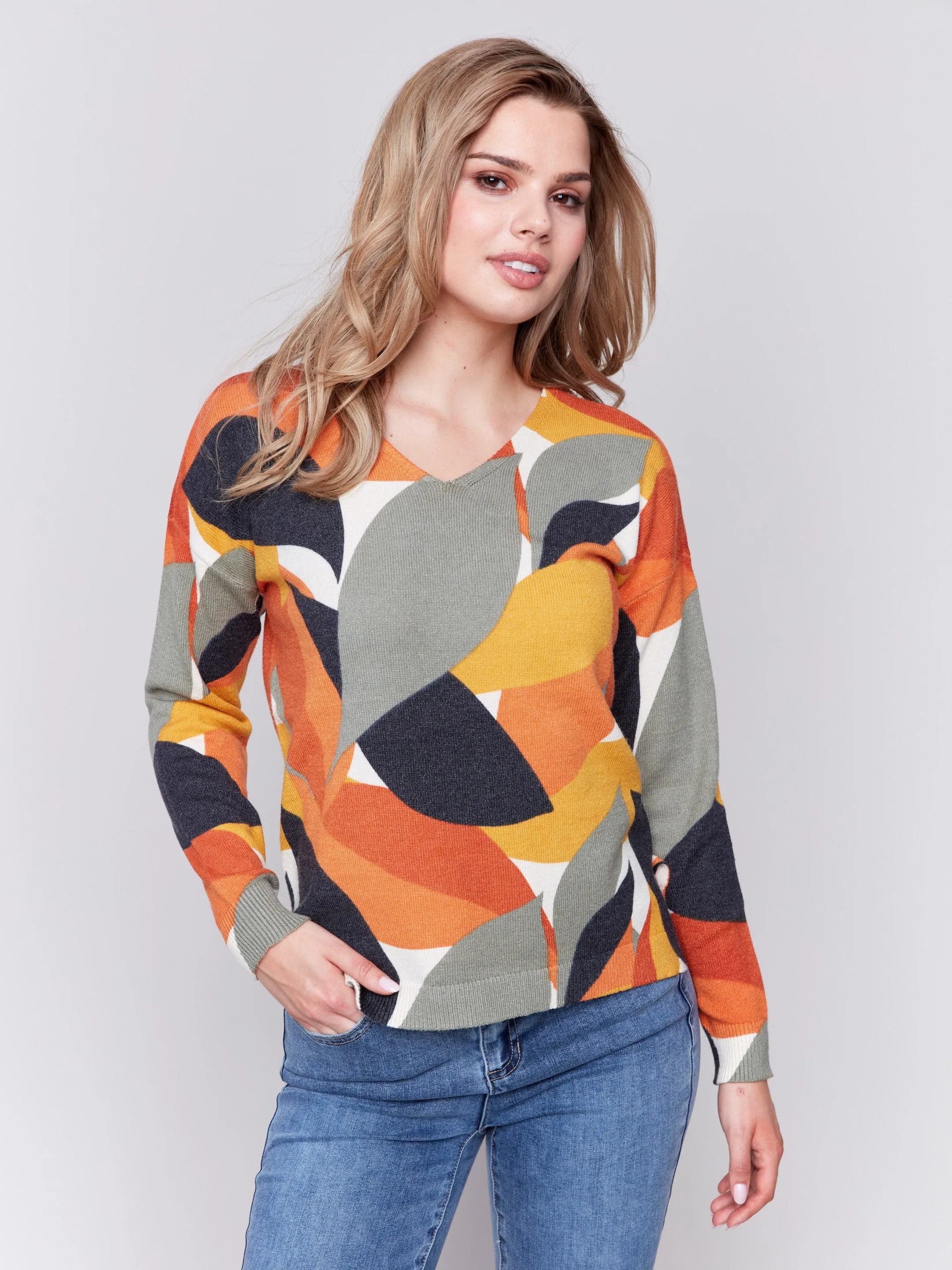 Printed Plush Knit V-Neck Sweater - Spruce