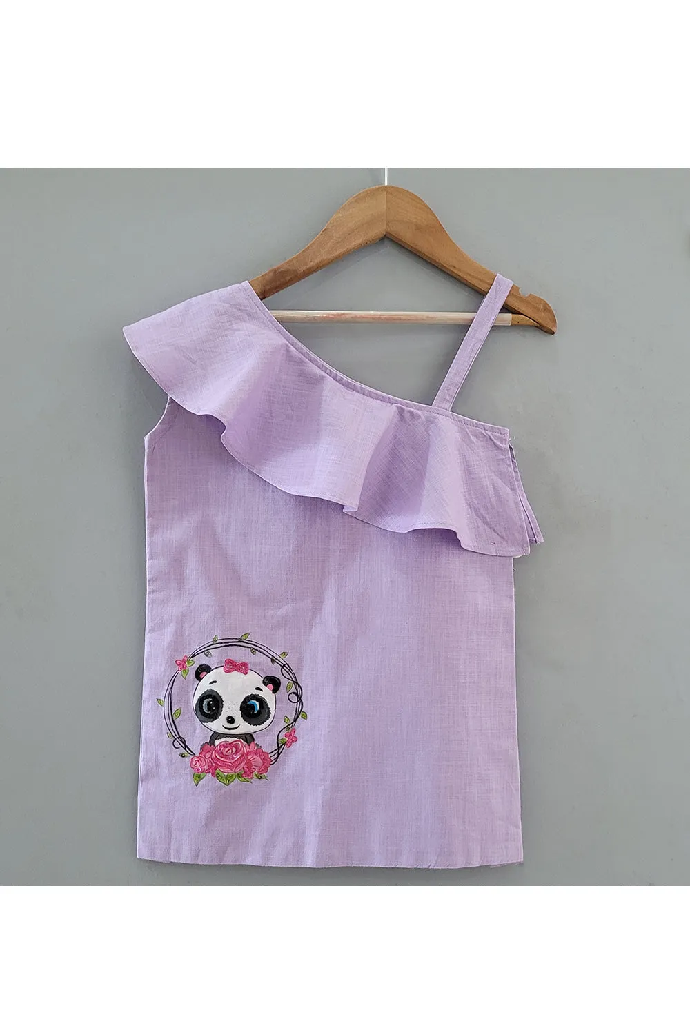 Purple Panda Handpainted One Shoulder Linen Trendy Dress