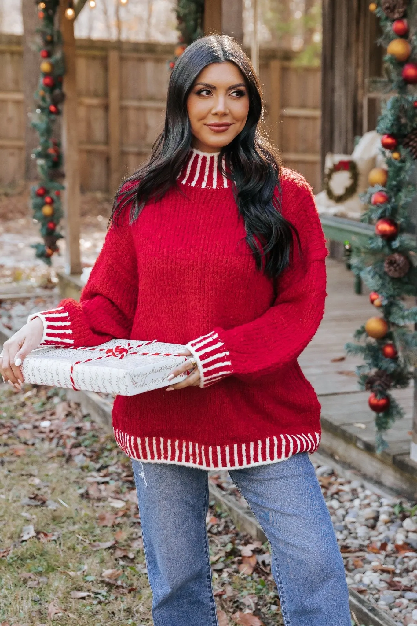 Red and White Contrast Stitch Sweater