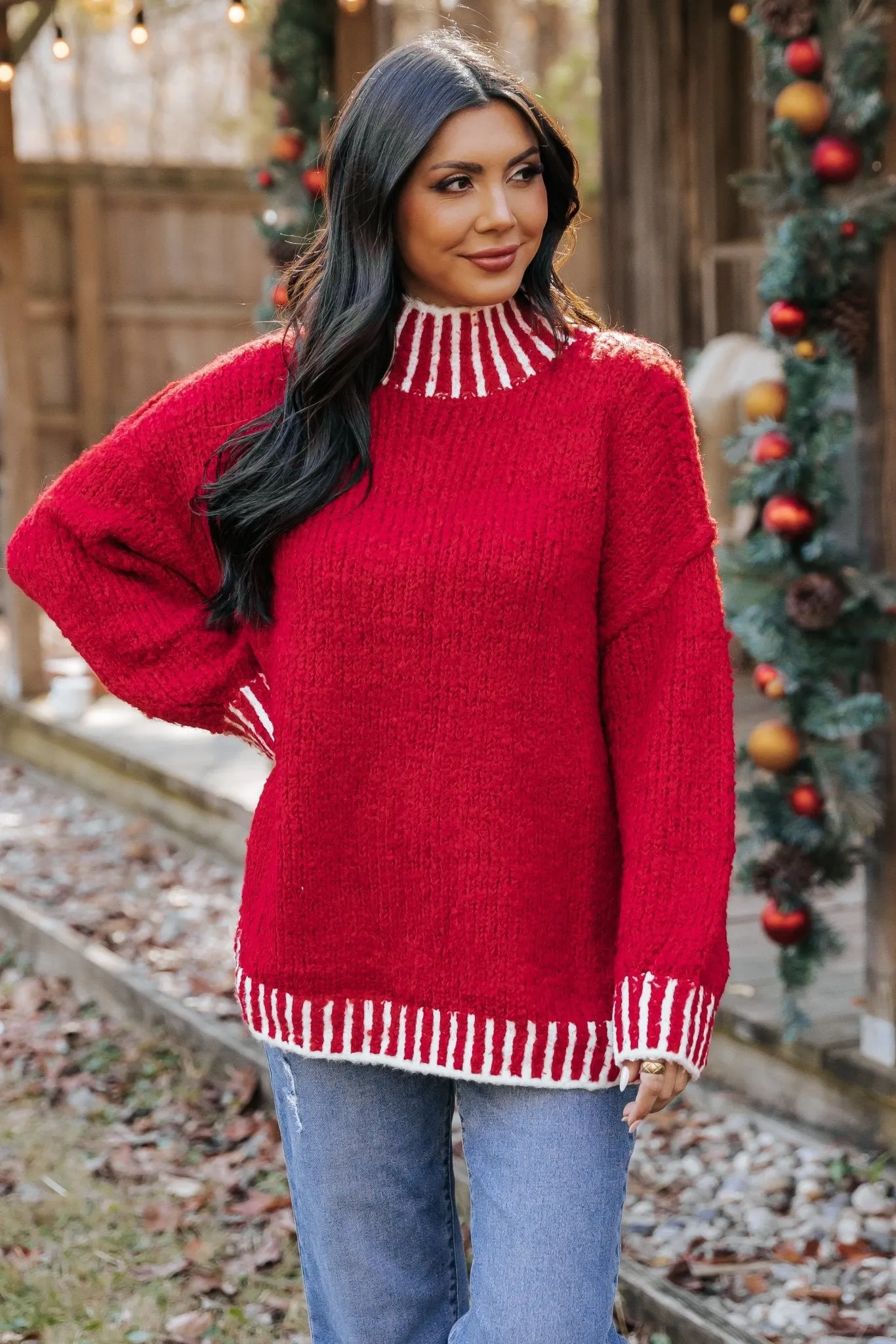 Red and White Contrast Stitch Sweater