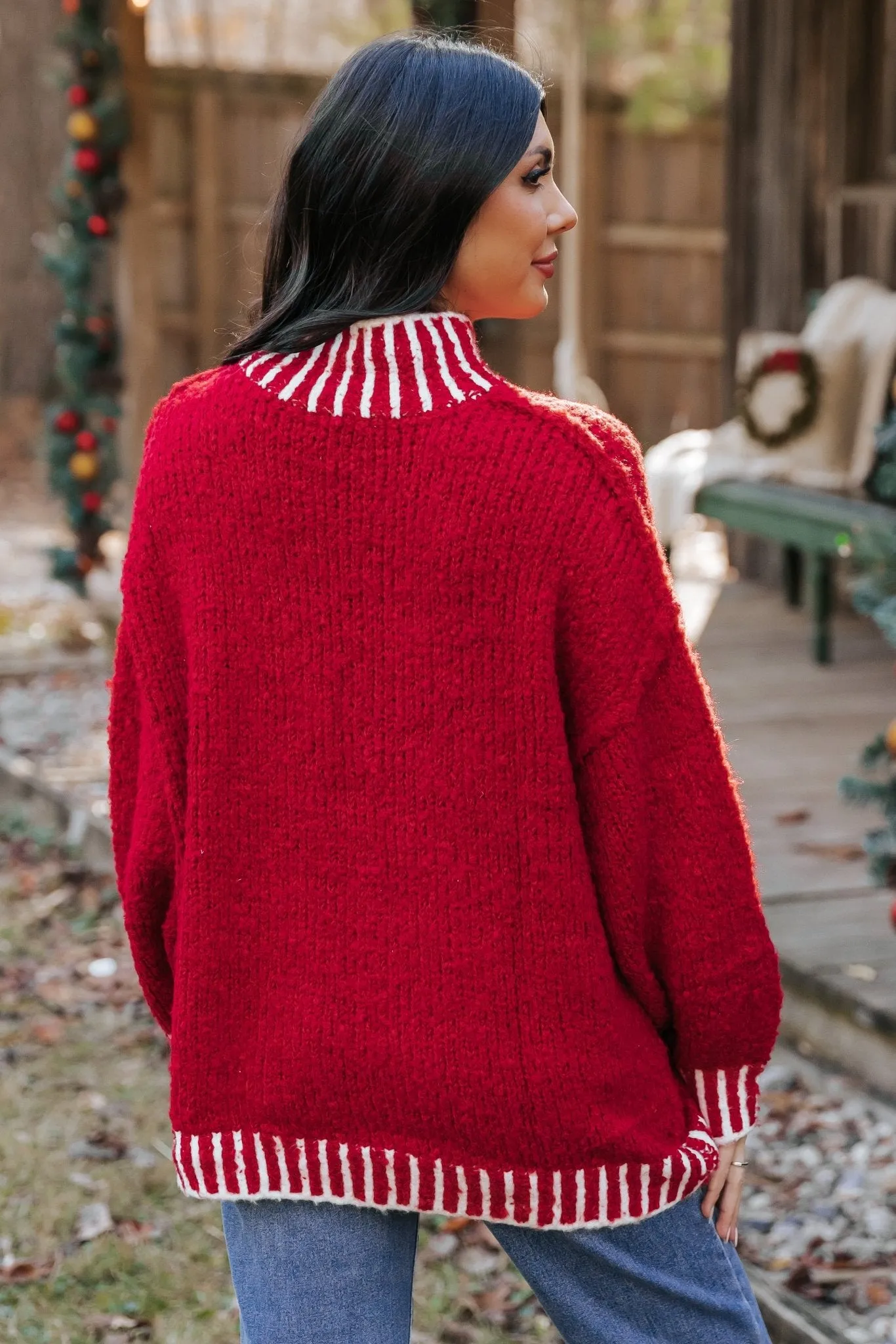 Red and White Contrast Stitch Sweater