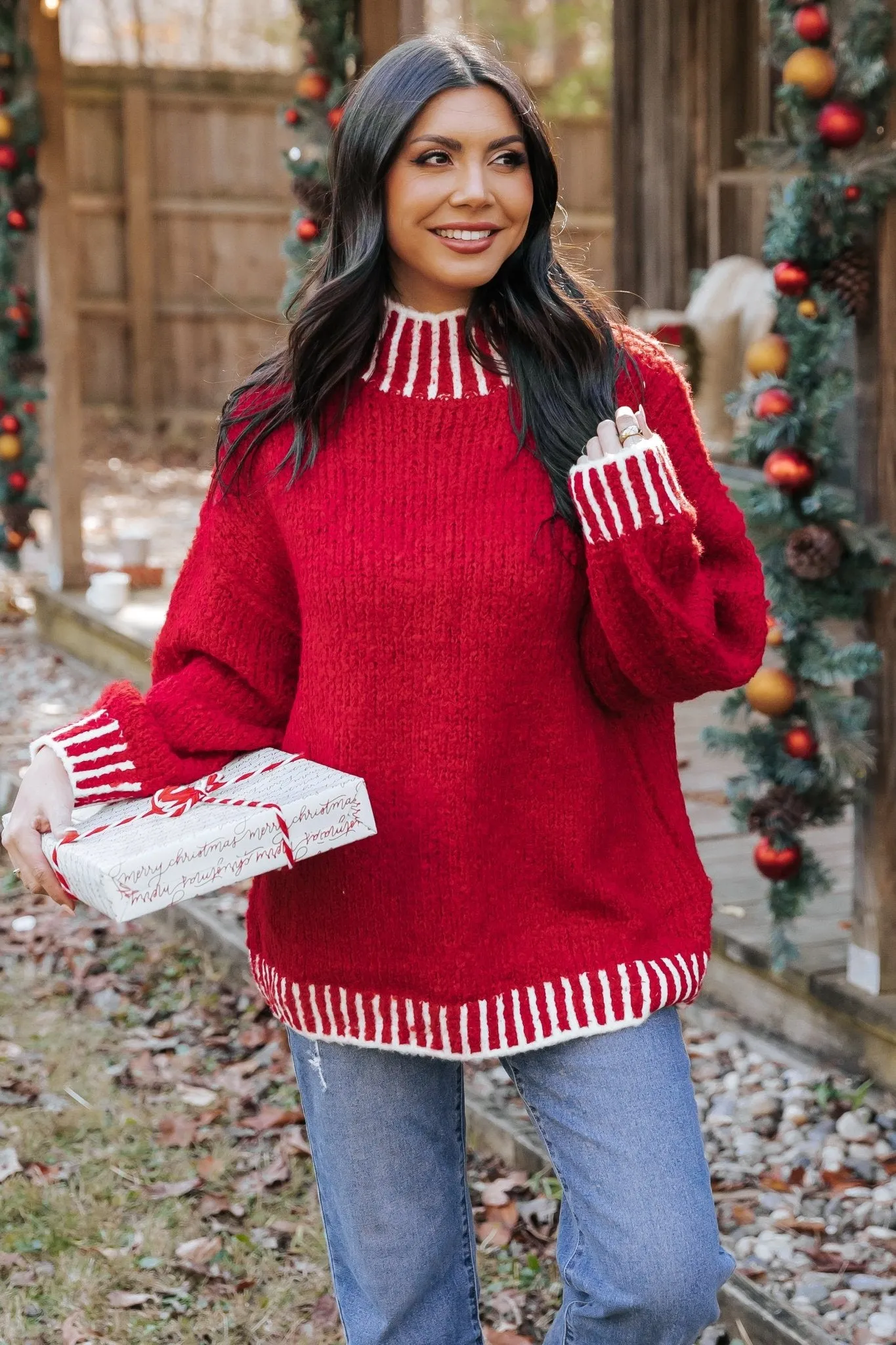 Red and White Contrast Stitch Sweater