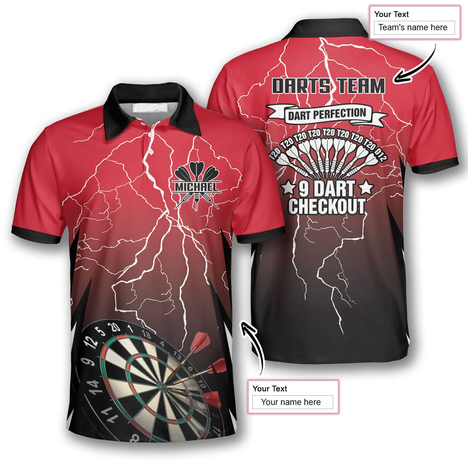 Red Lightning Custom Darts Shirts for Men, Dart Perfection, 9 Dart Checkout Shirt