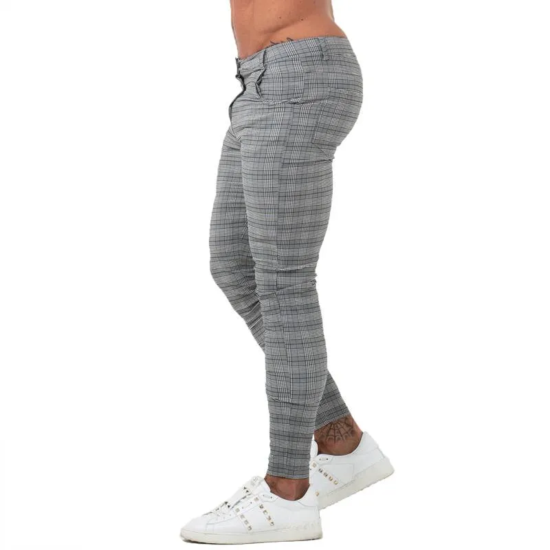 Skinny Fit Plaid Grey Comfy Stretch Style Men Pants