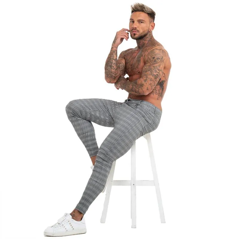 Skinny Fit Plaid Grey Comfy Stretch Style Men Pants