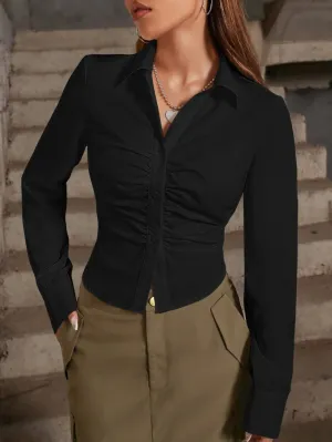 SOLID RUCHED BUTTON FRONT SHIRT