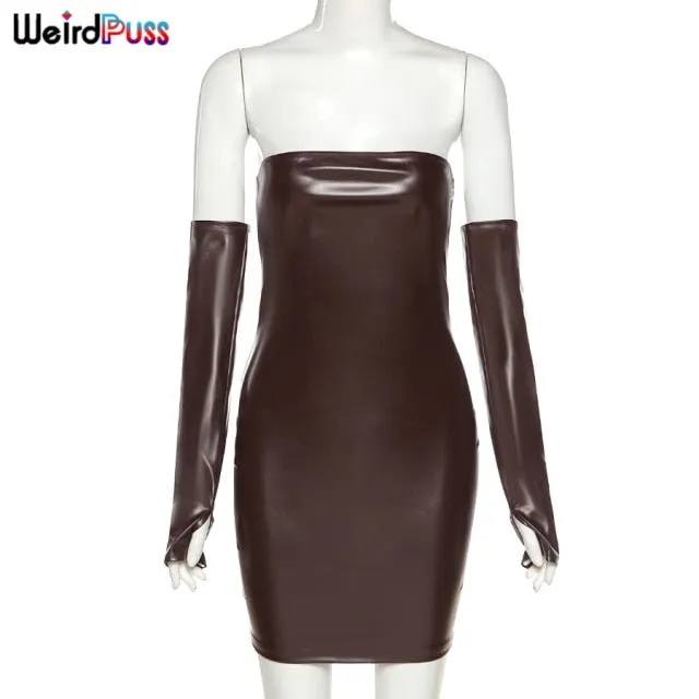 Trendy Faux Leather Party Dress With Gloves