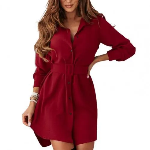 Trendy Long Sleeve Shirt Dress With Belt