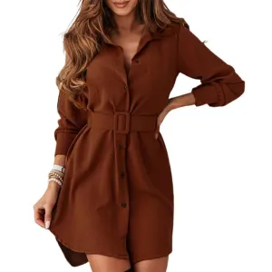 Trendy Long Sleeve Shirt Dress With Belt