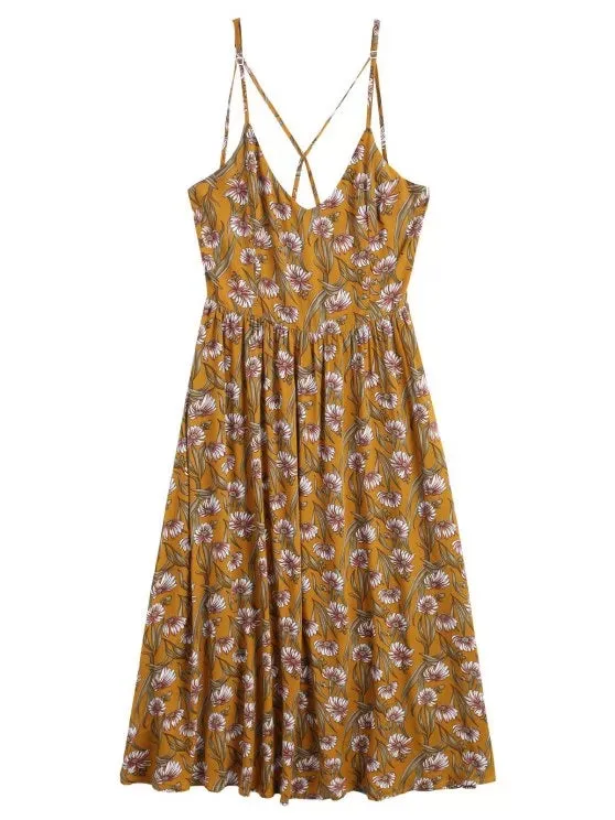 Trendy Sunflower Criss Cross Midi Dress