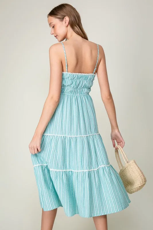 Turquoise Sleeveless Halter Neck Stripe Tiered Midi Dress