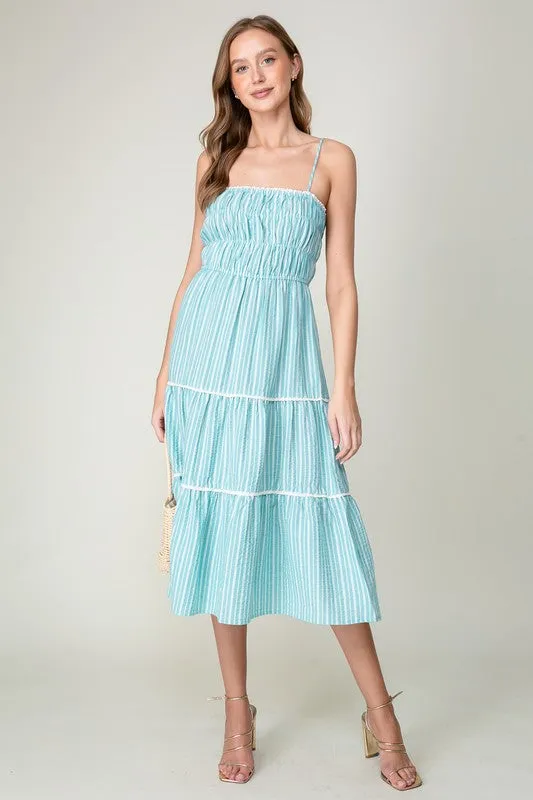 Turquoise Sleeveless Halter Neck Stripe Tiered Midi Dress