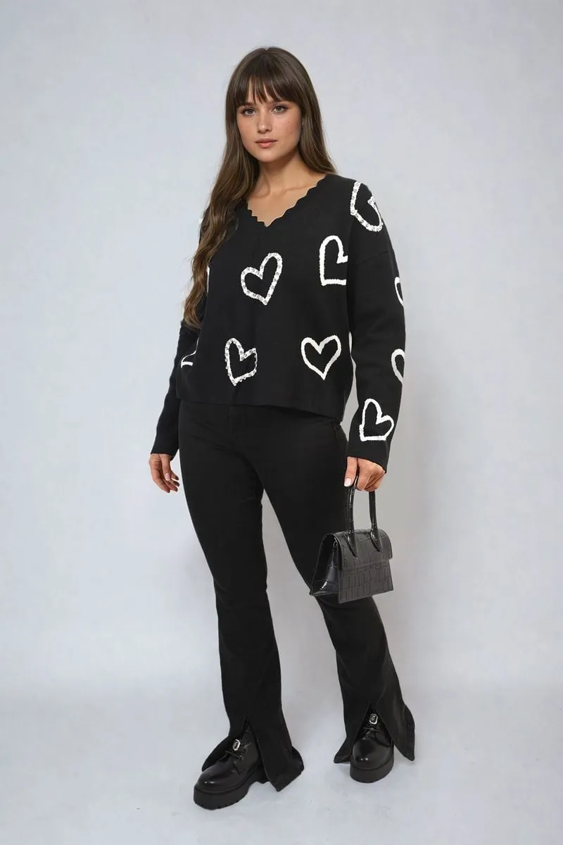 V-neck Embellished Hearts Long Sleeve Knitted Jumper