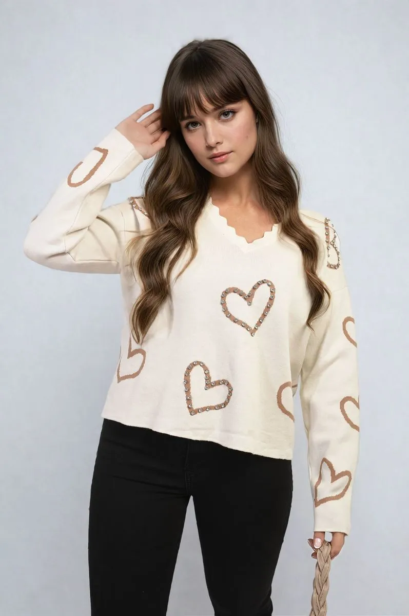 V-neck Embellished Hearts Long Sleeve Knitted Jumper