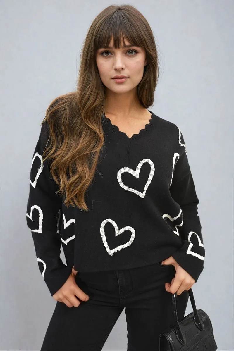 V-neck Embellished Hearts Long Sleeve Knitted Jumper