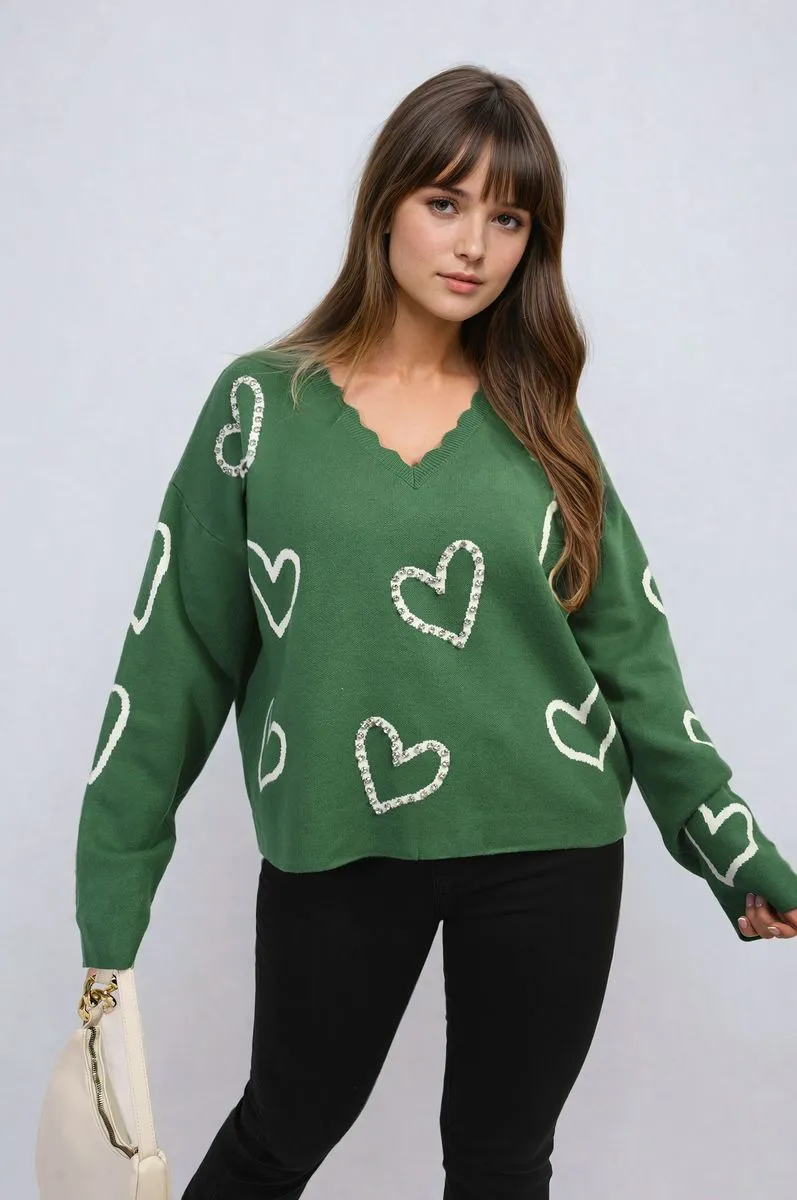 V-neck Embellished Hearts Long Sleeve Knitted Jumper