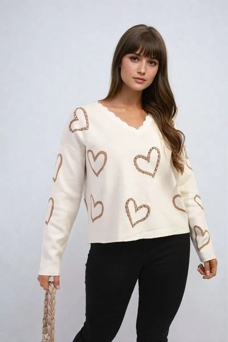 V-neck Embellished Hearts Long Sleeve Knitted Jumper