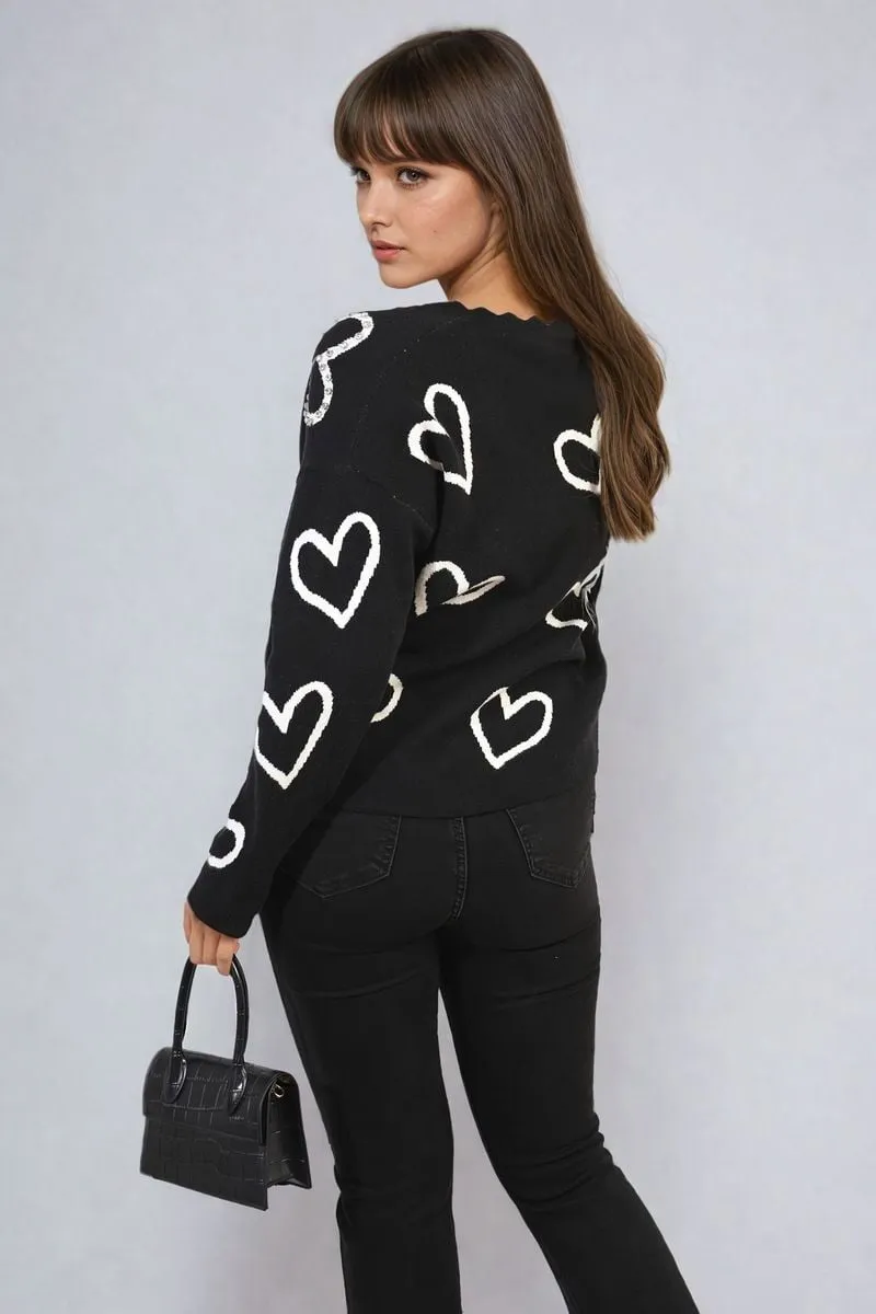 V-neck Embellished Hearts Long Sleeve Knitted Jumper