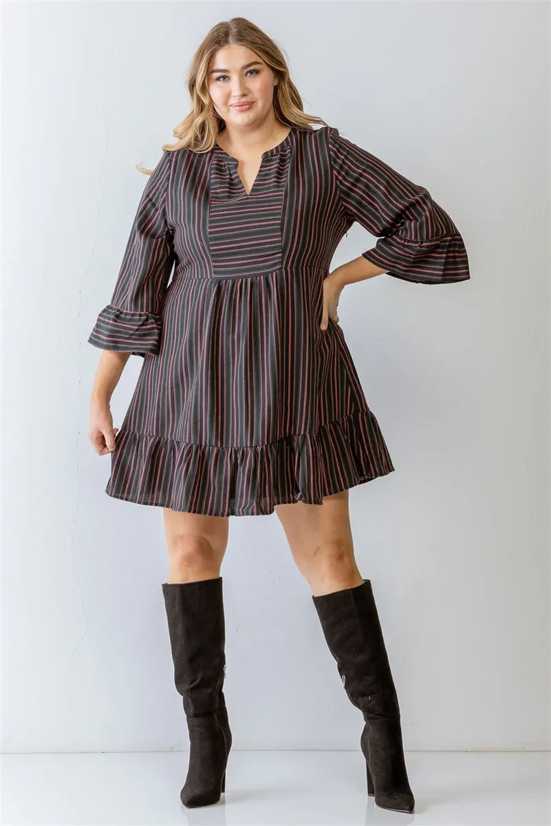 Voluptuous ( ) Plus Navy Stripe Print Cotton Flare Hem Mini Dress - Ships from The US