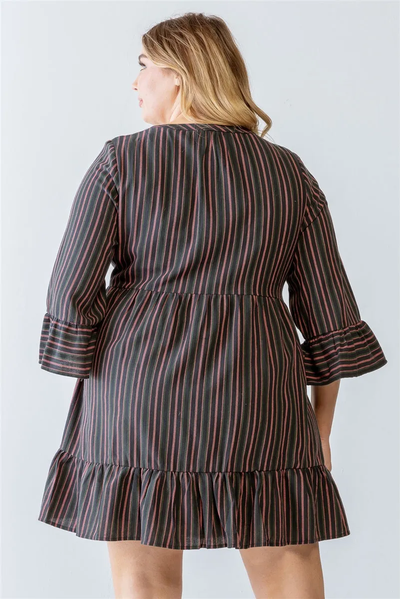 Voluptuous ( ) Plus Navy Stripe Print Cotton Flare Hem Mini Dress - Ships from The US