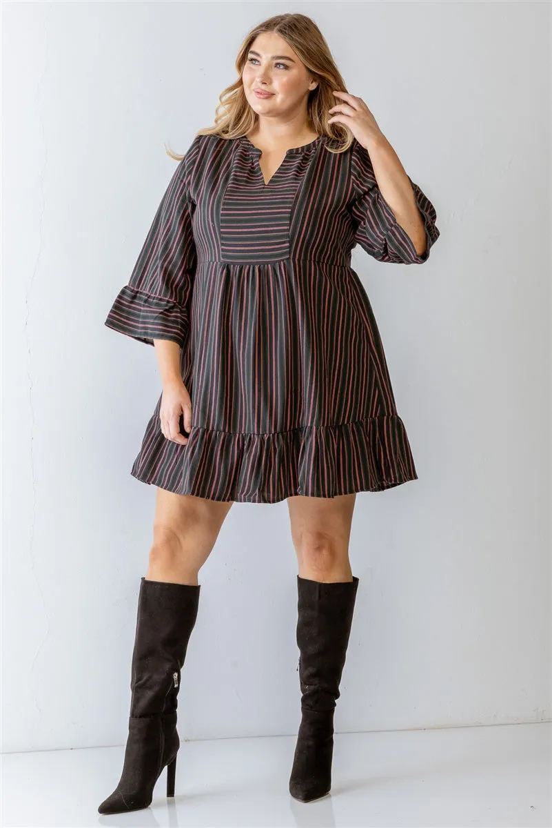 Voluptuous ( ) Plus Navy Stripe Print Cotton Flare Hem Mini Dress - Ships from The US