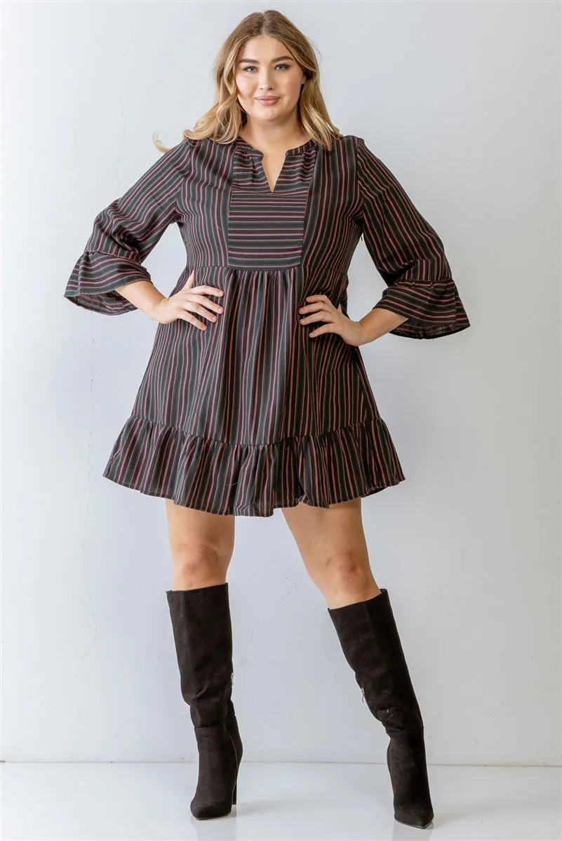 Voluptuous ( ) Plus Navy Stripe Print Cotton Flare Hem Mini Dress - Ships from The US