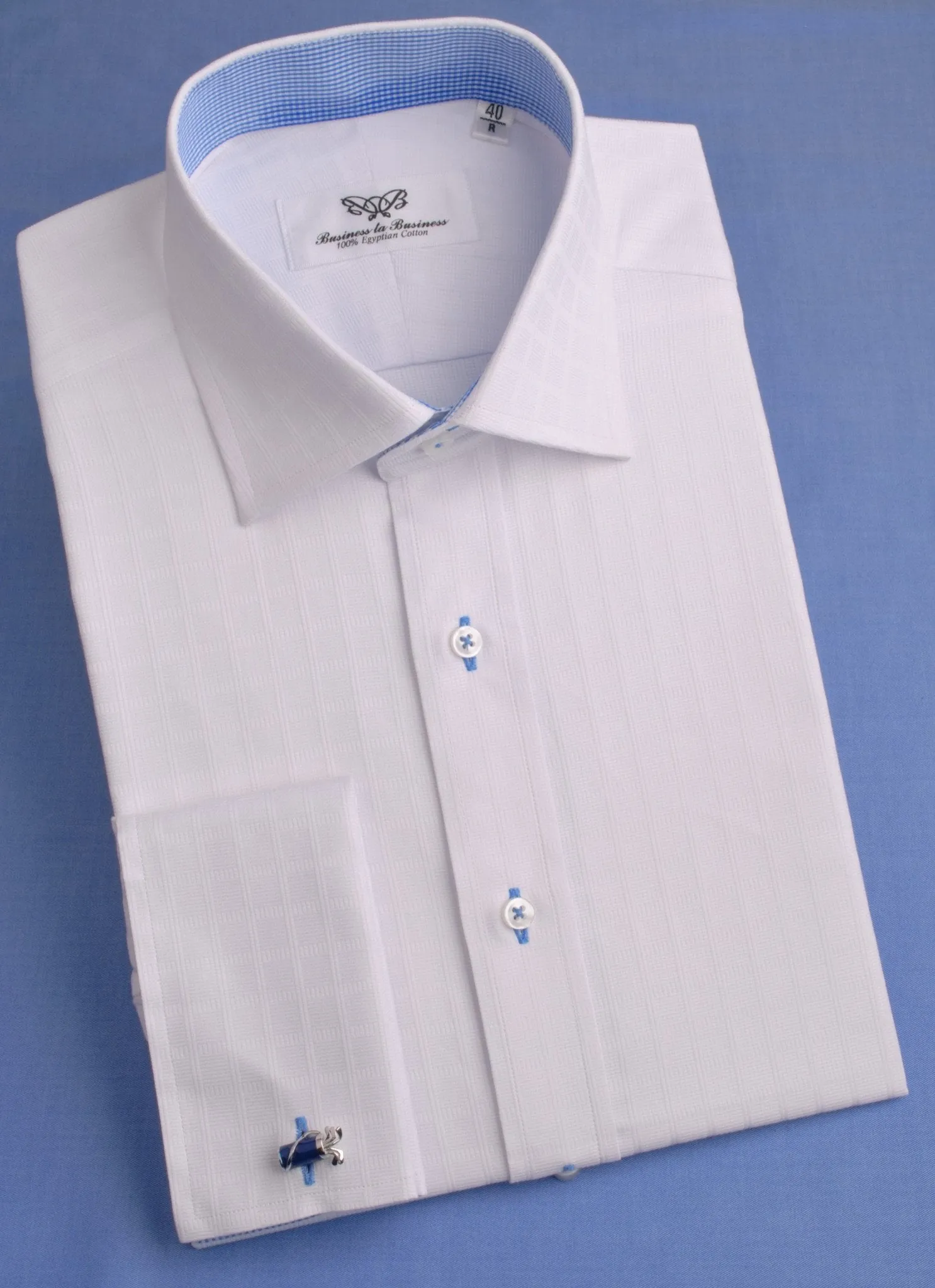 White Faded Grid Checkers Formal Business Dress Shirt with Mini Blue Gingham Check