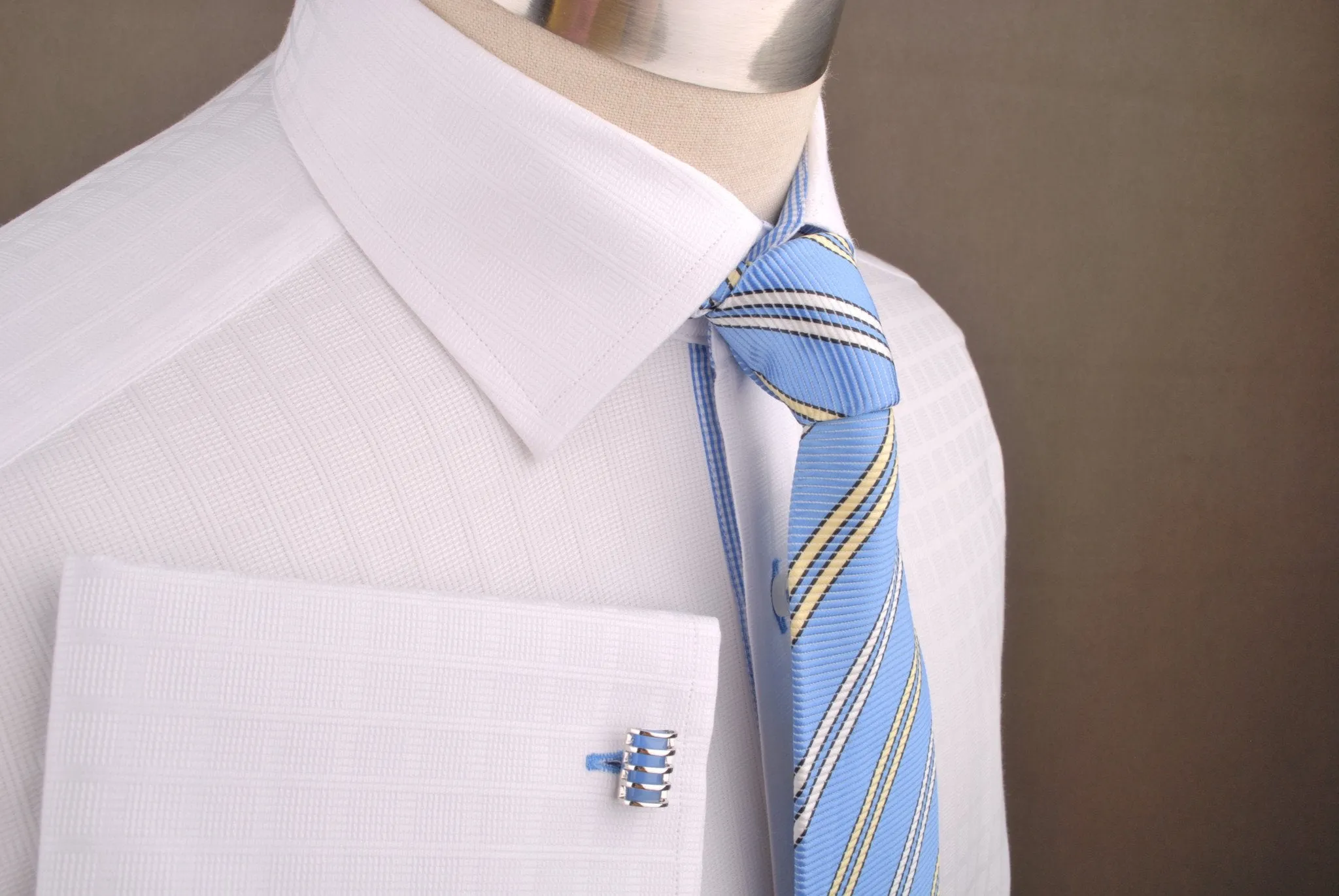 White Faded Grid Checkers Formal Business Dress Shirt with Mini Blue Gingham Check