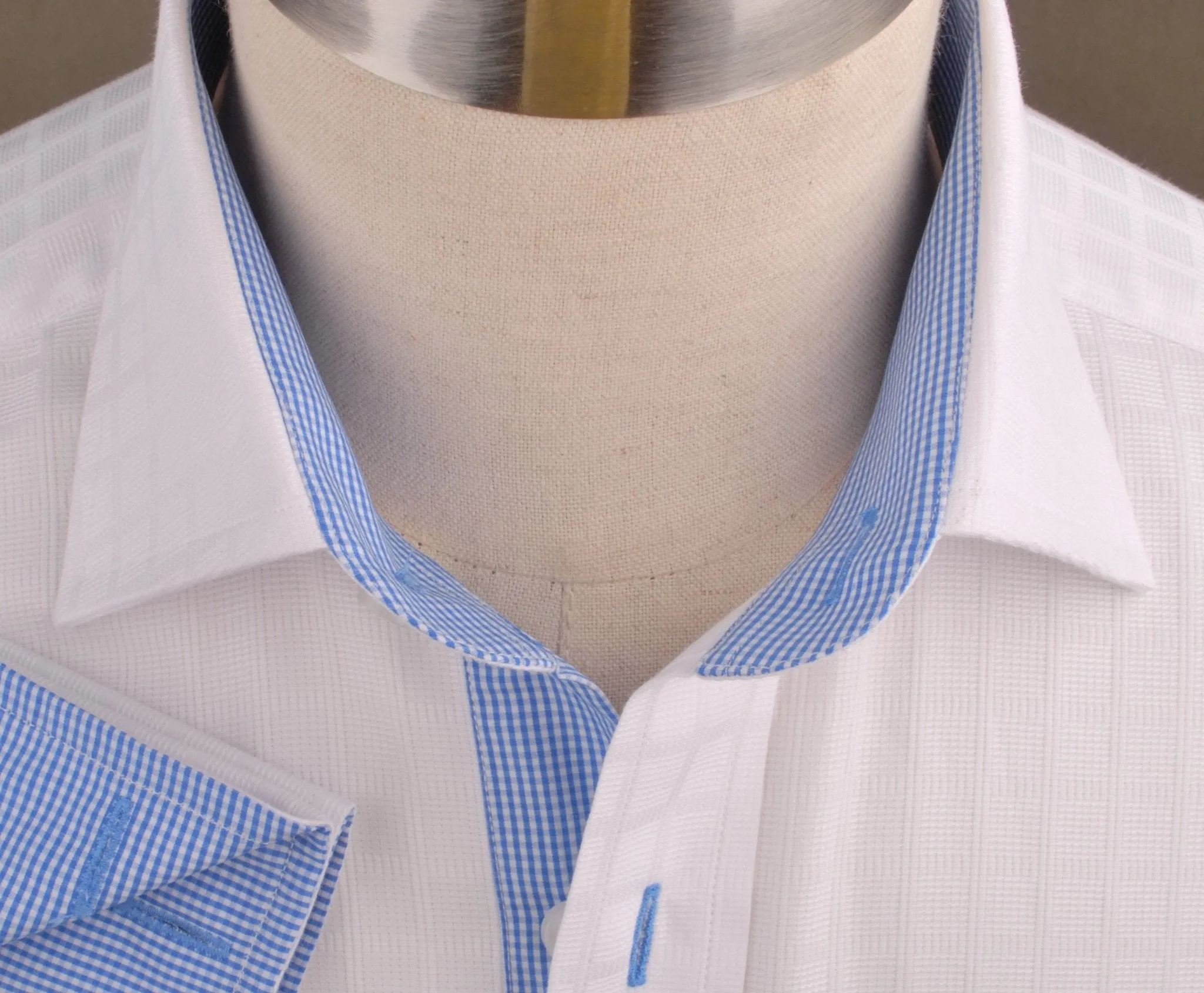 White Faded Grid Checkers Formal Business Dress Shirt with Mini Blue Gingham Check