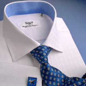 White Faded Grid Checkers Formal Business Dress Shirt with Mini Blue Gingham Check