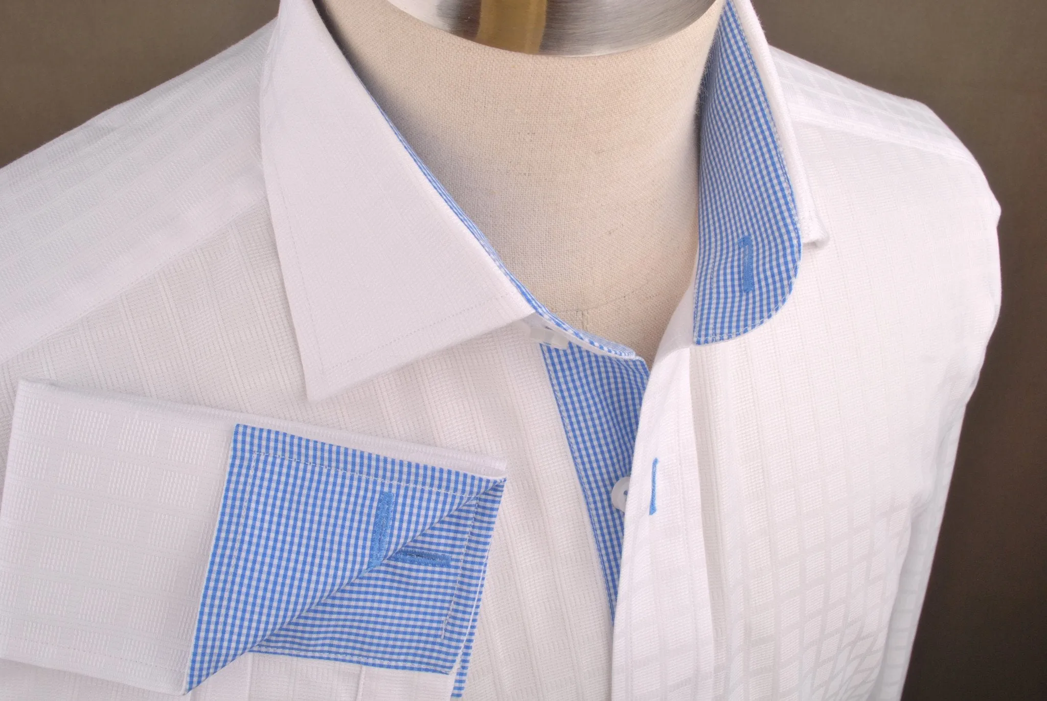 White Faded Grid Checkers Formal Business Dress Shirt with Mini Blue Gingham Check