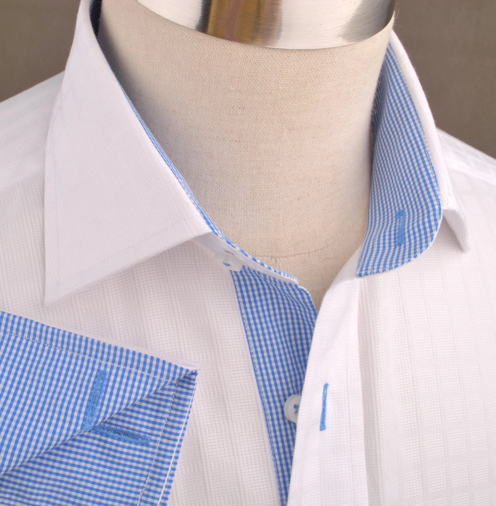 White Faded Grid Checkers Formal Business Dress Shirt with Mini Blue Gingham Check