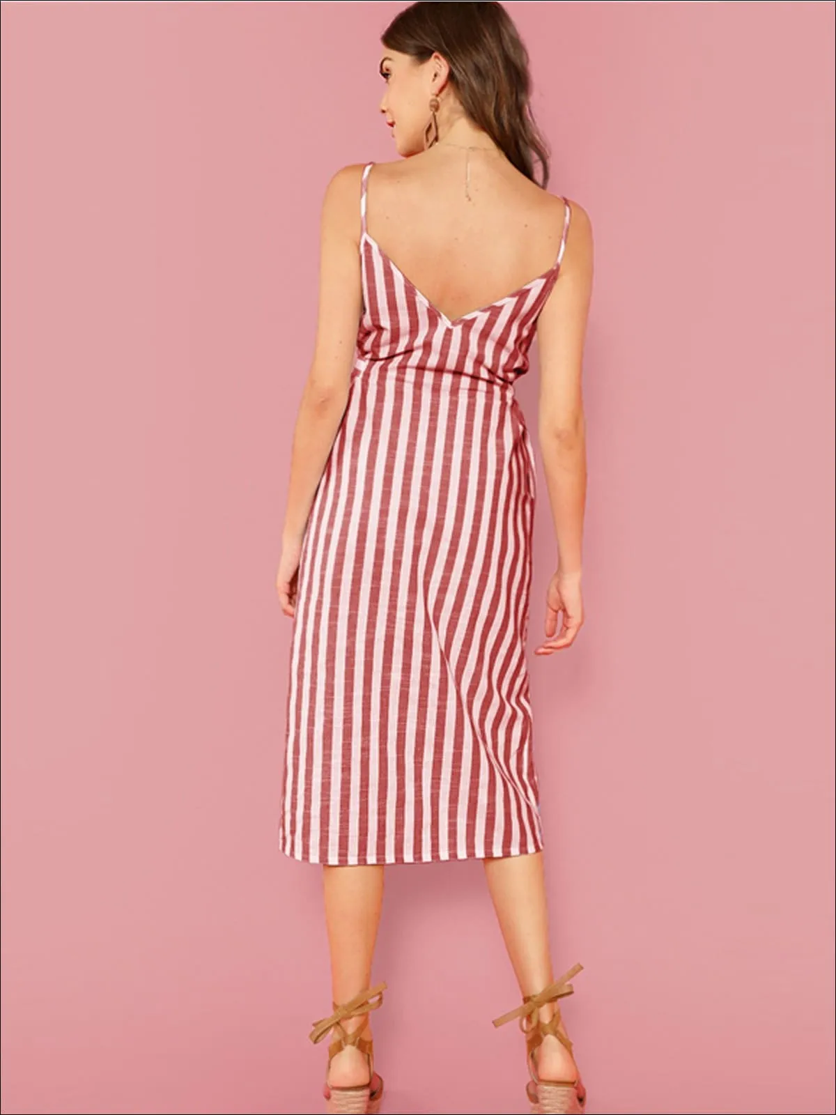 Women's Belted Striped Midi Dress With Side Pockets