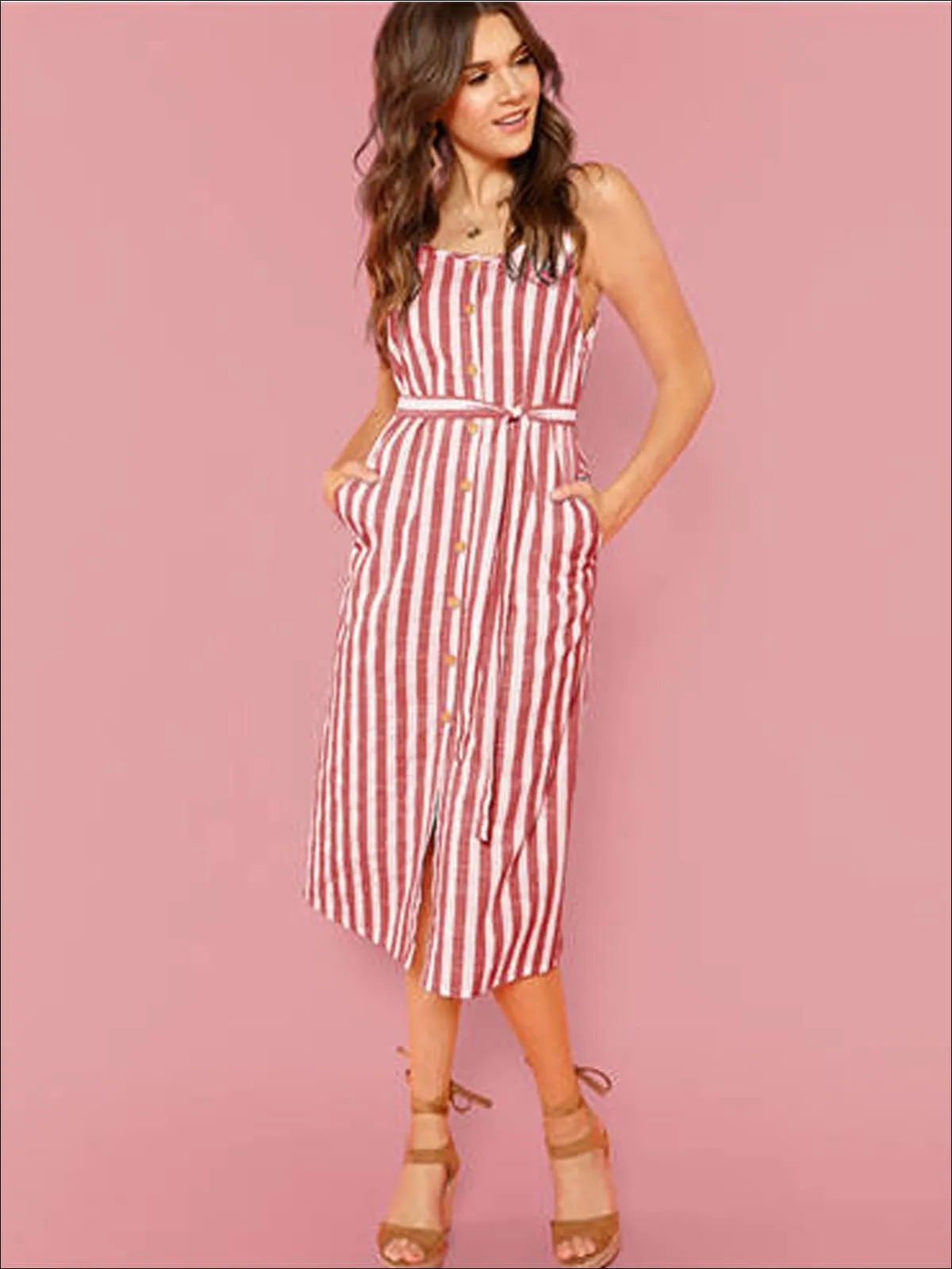 Women's Belted Striped Midi Dress With Side Pockets