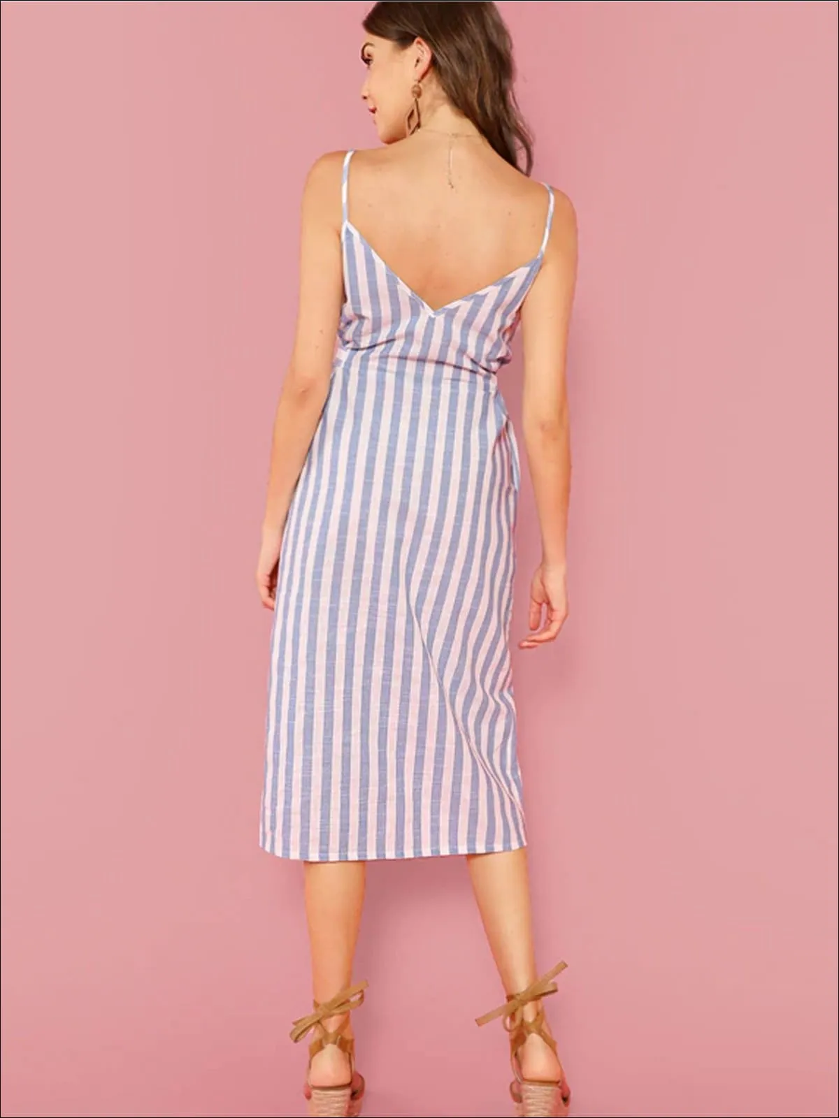 Women's Belted Striped Midi Dress With Side Pockets