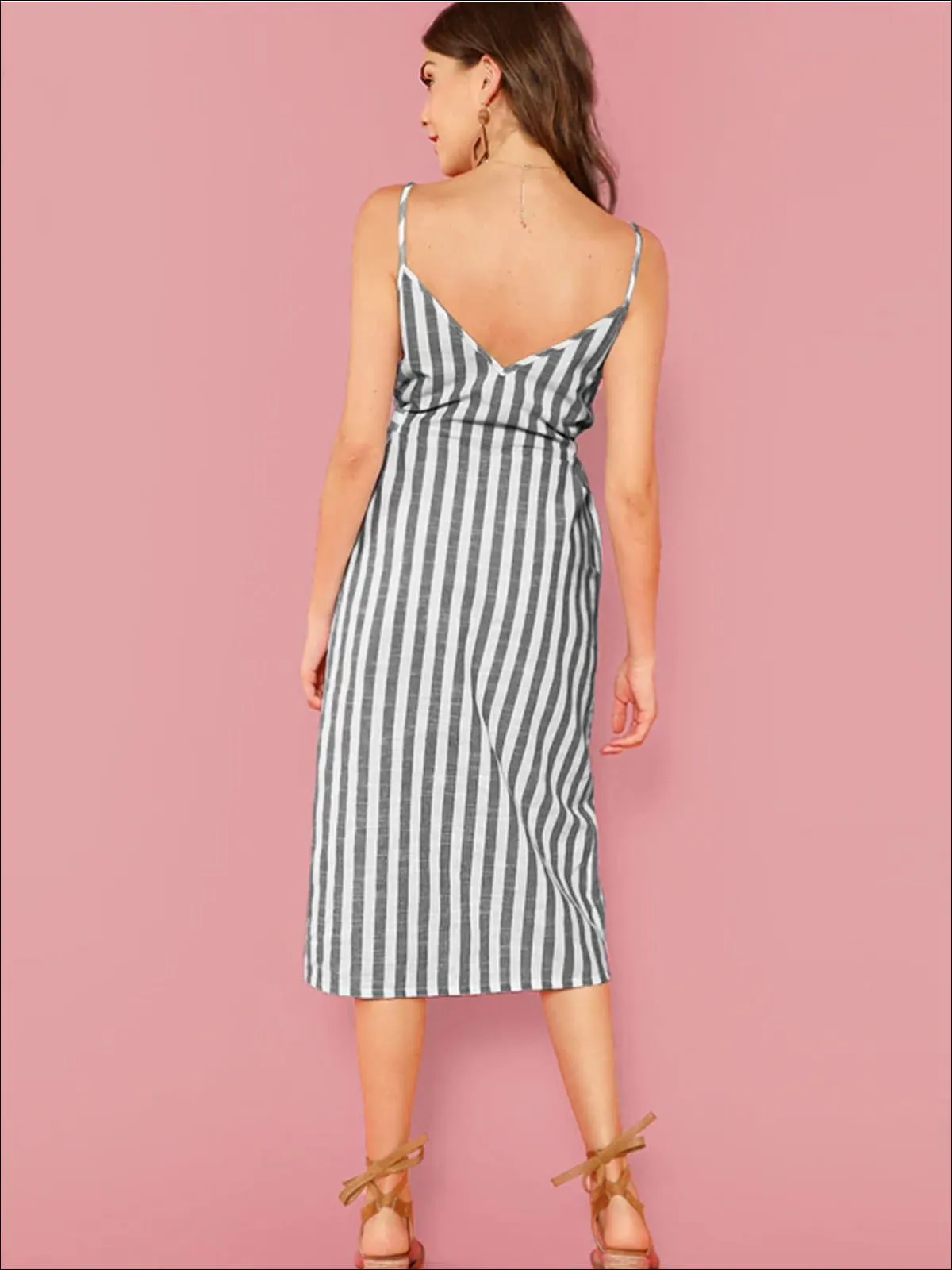 Women's Belted Striped Midi Dress With Side Pockets