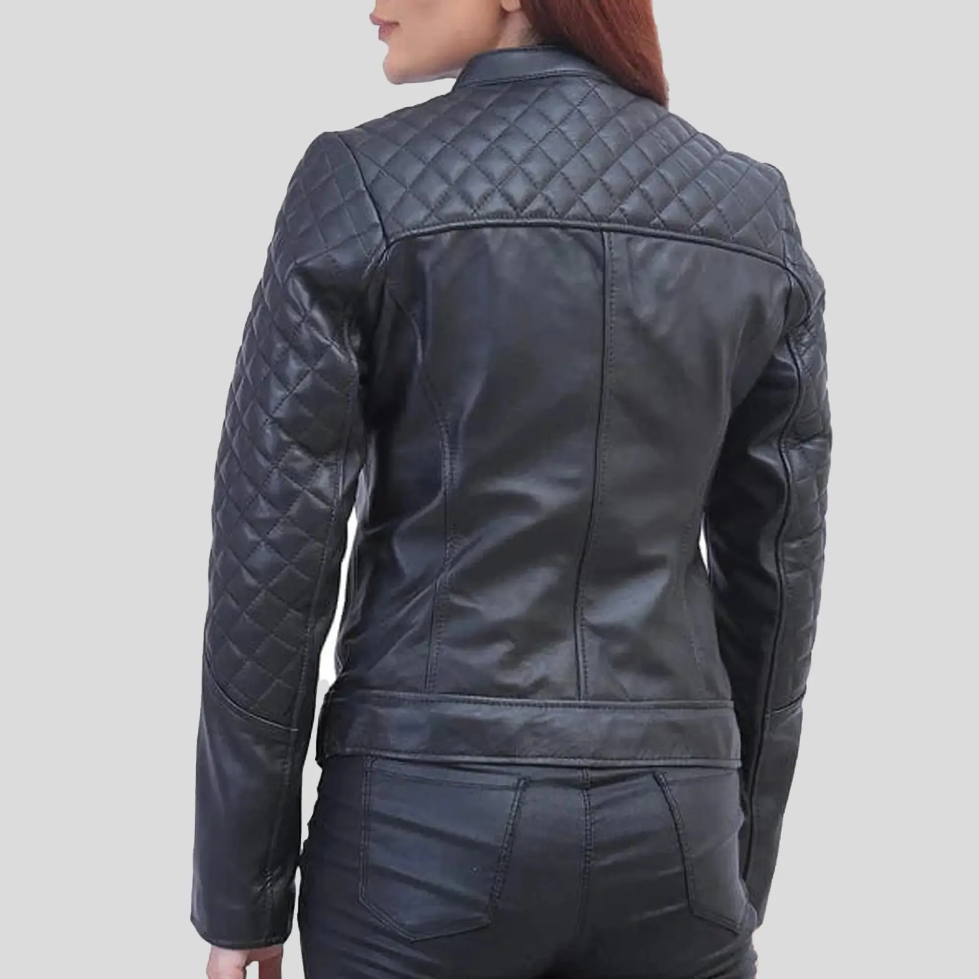 Womens Black Quilted Cafe Racer Jacket