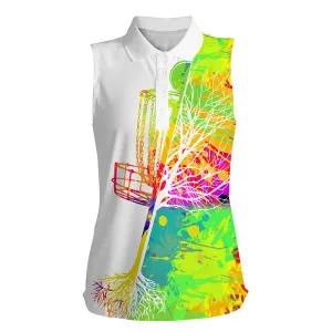 Womens disc golf sleeveless polo shirt watercolor disc golf basket, disc golf shirts