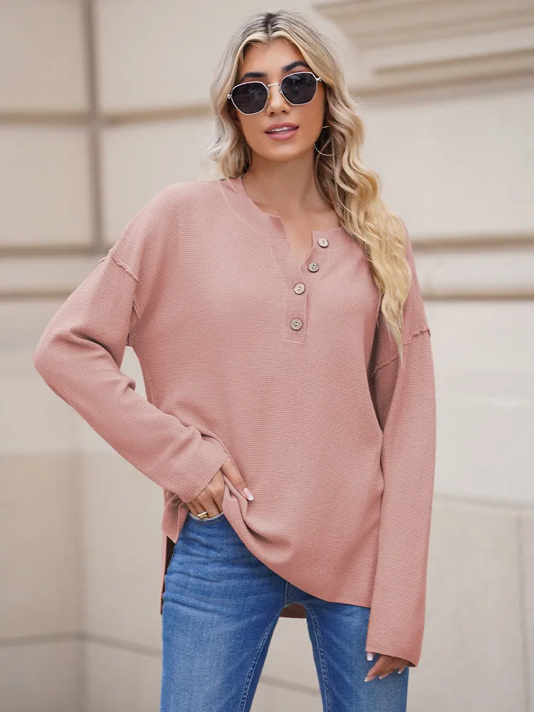 Women's Oversized Sweaters Batwing Sleeve Button Up Color Block Henley Pullover Knit Jumper