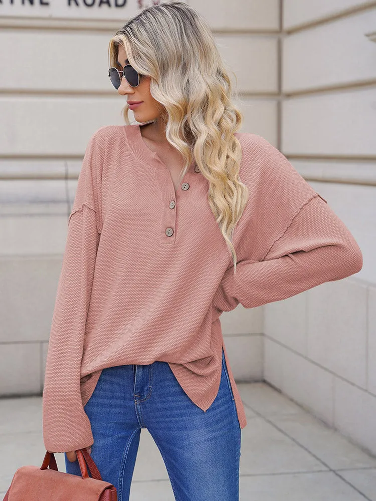 Women's Oversized Sweaters Batwing Sleeve Button Up Color Block Henley Pullover Knit Jumper