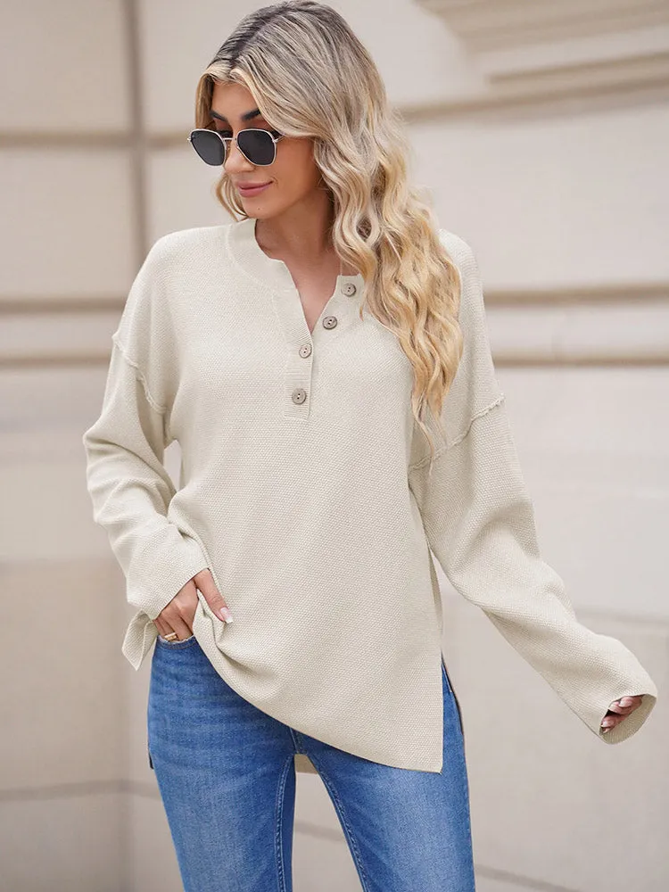 Women's Oversized Sweaters Batwing Sleeve Button Up Color Block Henley Pullover Knit Jumper