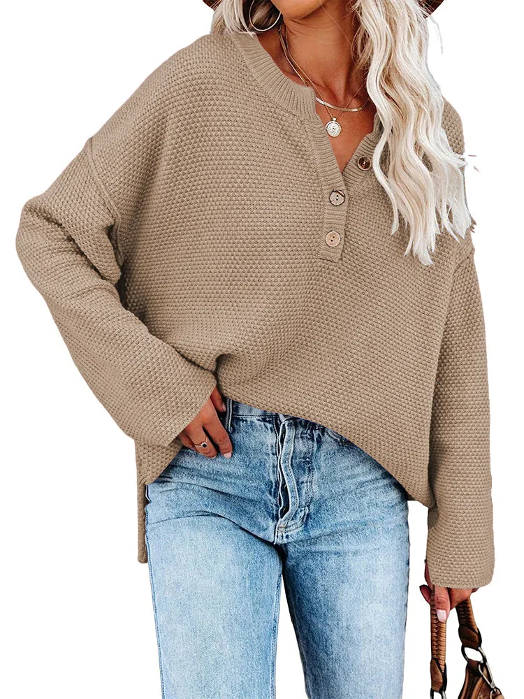 Women's Oversized Sweaters Batwing Sleeve Button Up Color Block Henley Pullover Knit Jumper