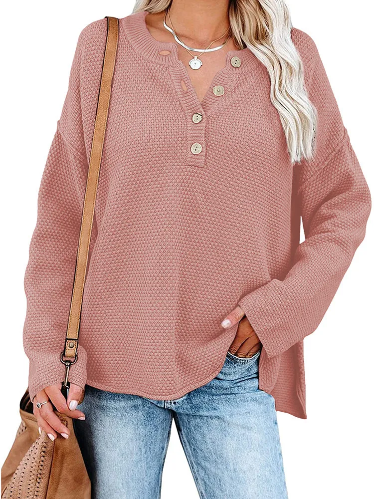 Women's Oversized Sweaters Batwing Sleeve Button Up Color Block Henley Pullover Knit Jumper