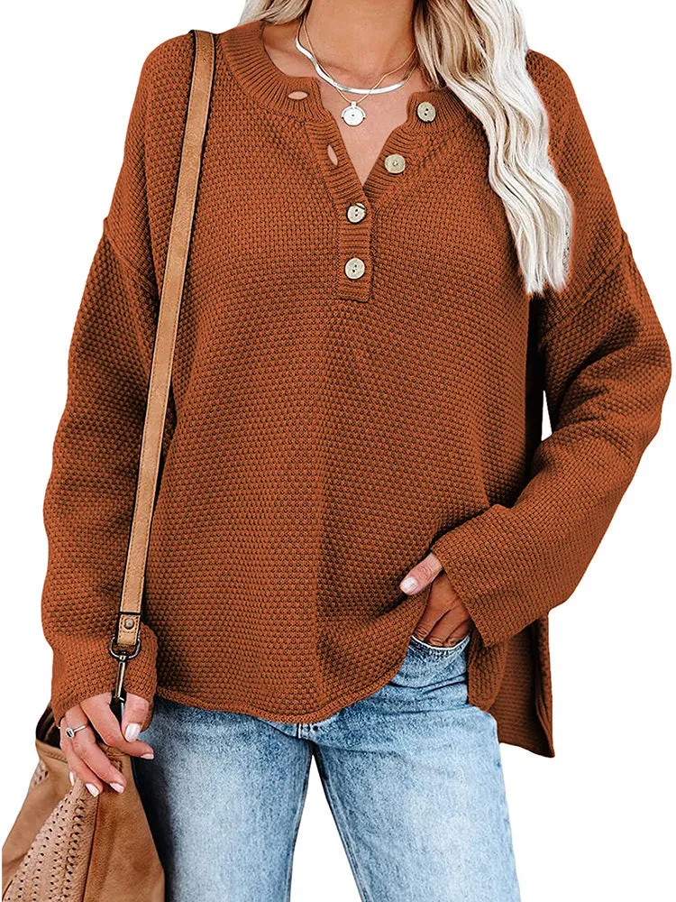 Women's Oversized Sweaters Batwing Sleeve Button Up Color Block Henley Pullover Knit Jumper